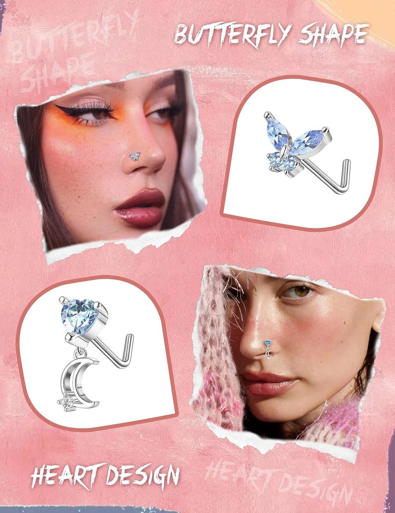 Sanfenly 12 PCS 20G Nose Rings Surgical Stainless Steel, L Shaped Nose Studs for Women Men, CZ Heart Butterfly Flower Leaf Moon Dangle Cute Nose Piercings Studs Screw Jewelry Pink/Purple/Blue/Clear - Image 2